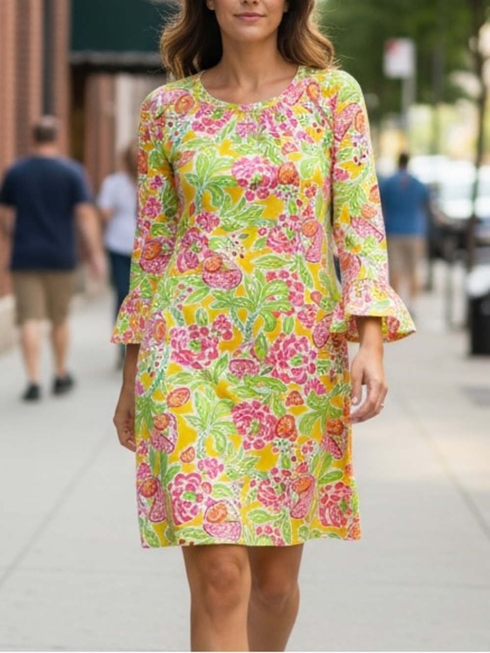 Barbara Gerwit‎ Bright Floral Shift Dress in Yellow and Pink, Size S